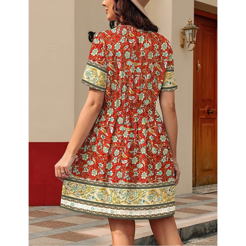 Floral Button Down V-Neck Short Sleeve Mini Dress NWT Medium Crimson Red Combo - Picture 5 of 13